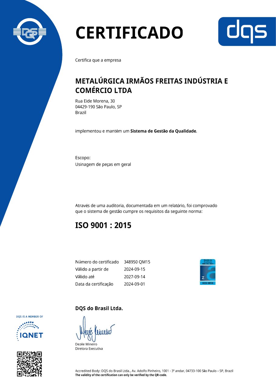 Certificado ISO 9001:2015 emitido pela DQS do Brasil, escopo usinagem de peças em geral